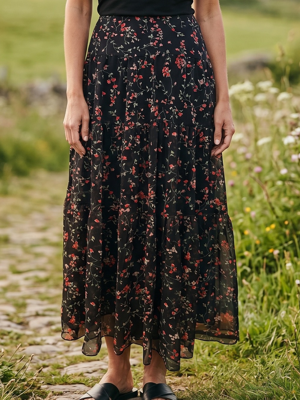 Ralph Lauren Black Maxi Skirt Pink Red Floral Print Size 8